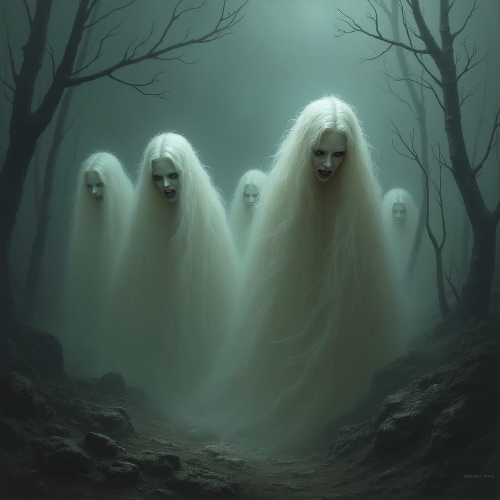 Ethereal Ghosts in Dark Landscape as Digital Painting
