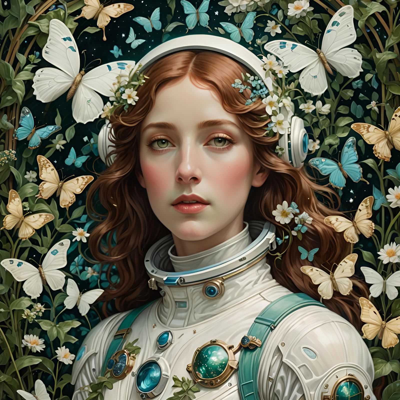 Astronaut in Celestial Garden, Pre-Raphaelite Portrait
