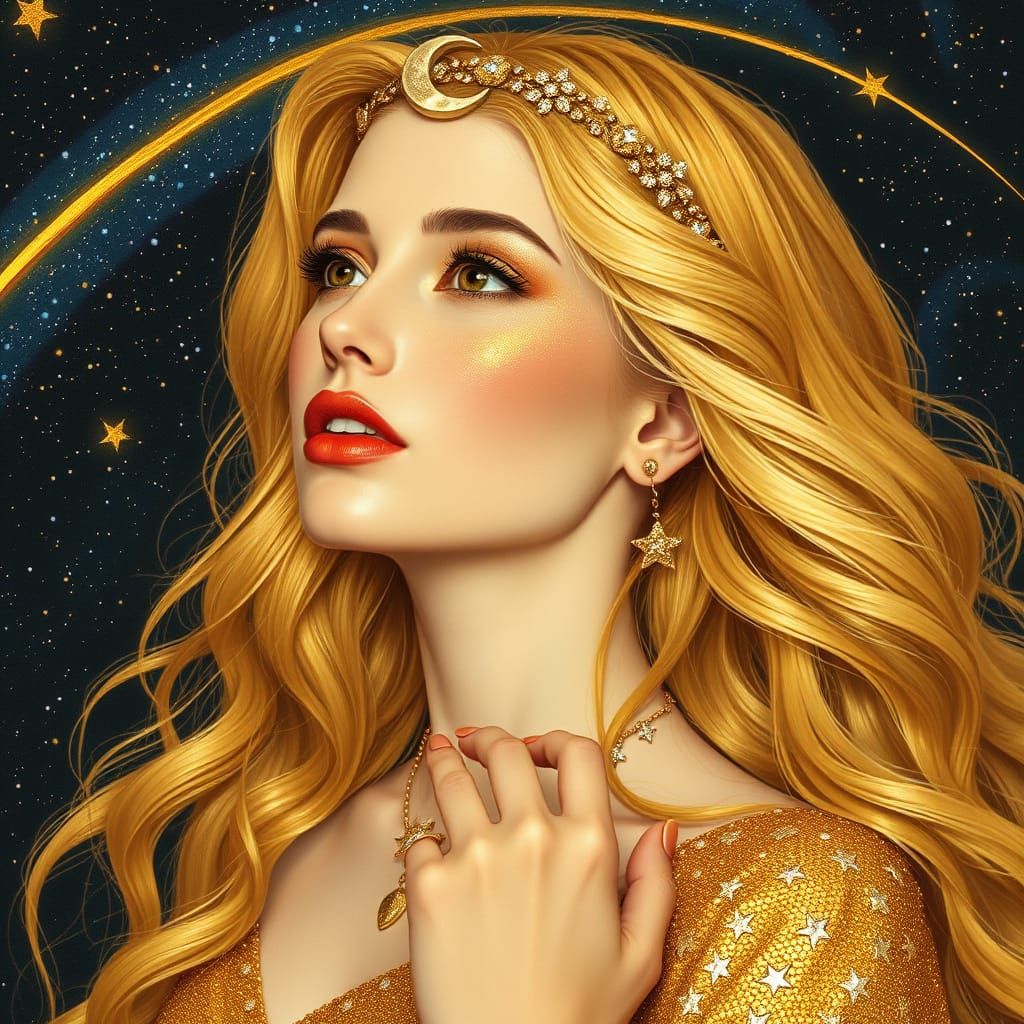 Golden Goddess Under Starry Night Sky