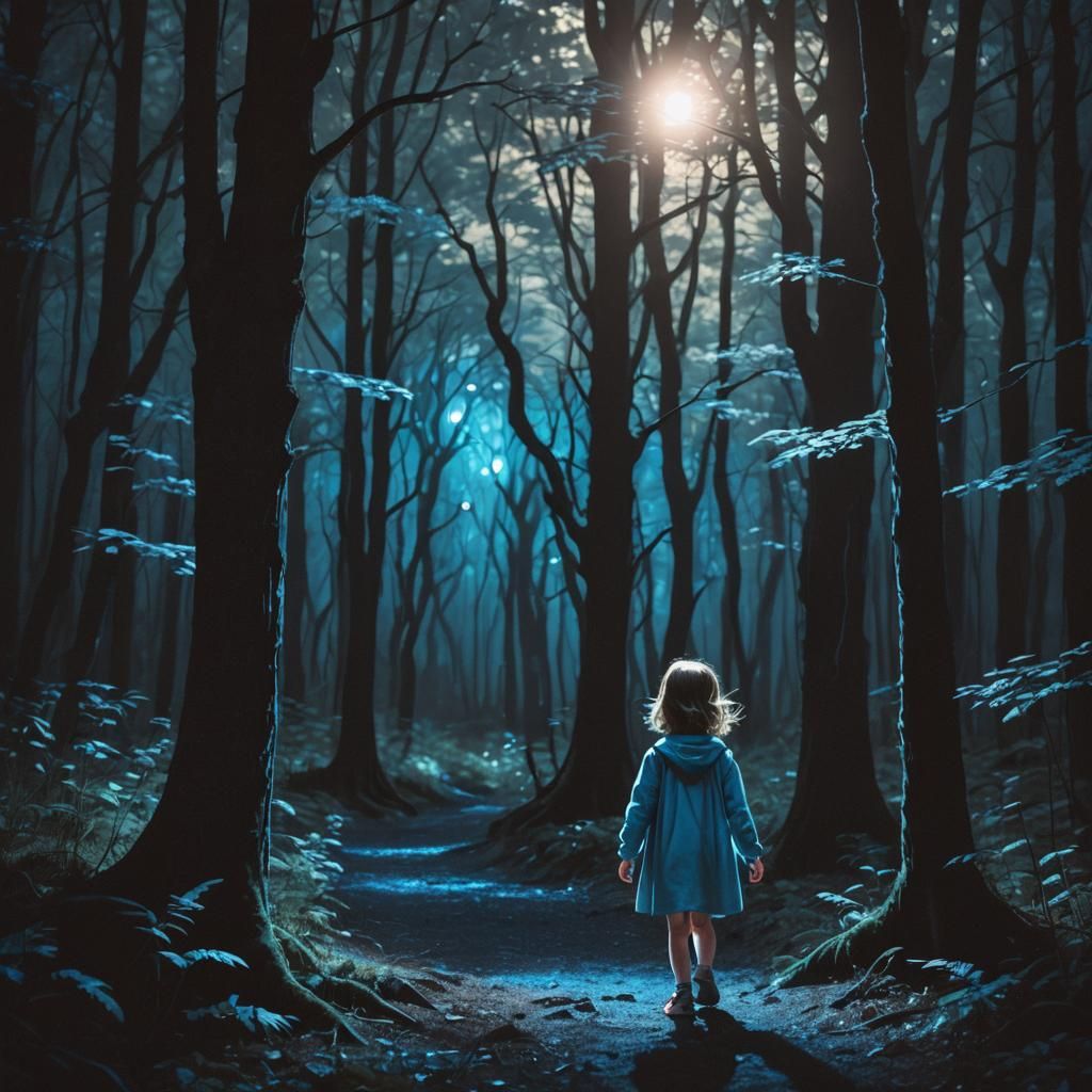 Little Girl Walks Through Dark, Blue-Lit Forest