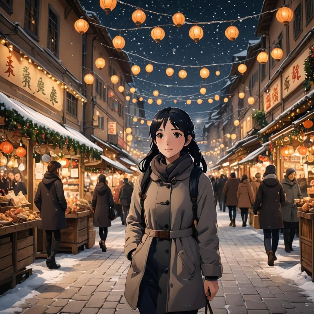 Anime Girl in Winter Wonderland Christmas Market