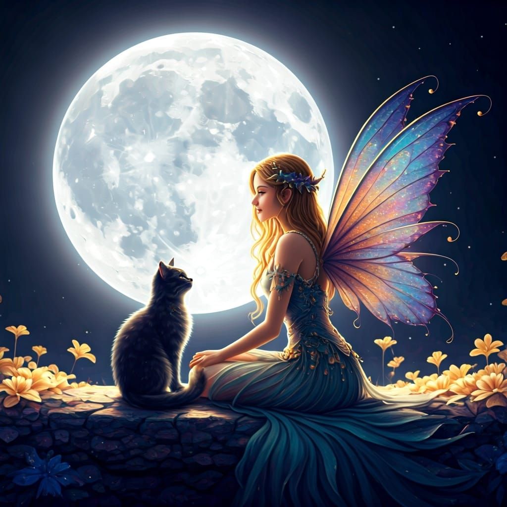 Fairy and Cat Silhouetted by Colorful Moon