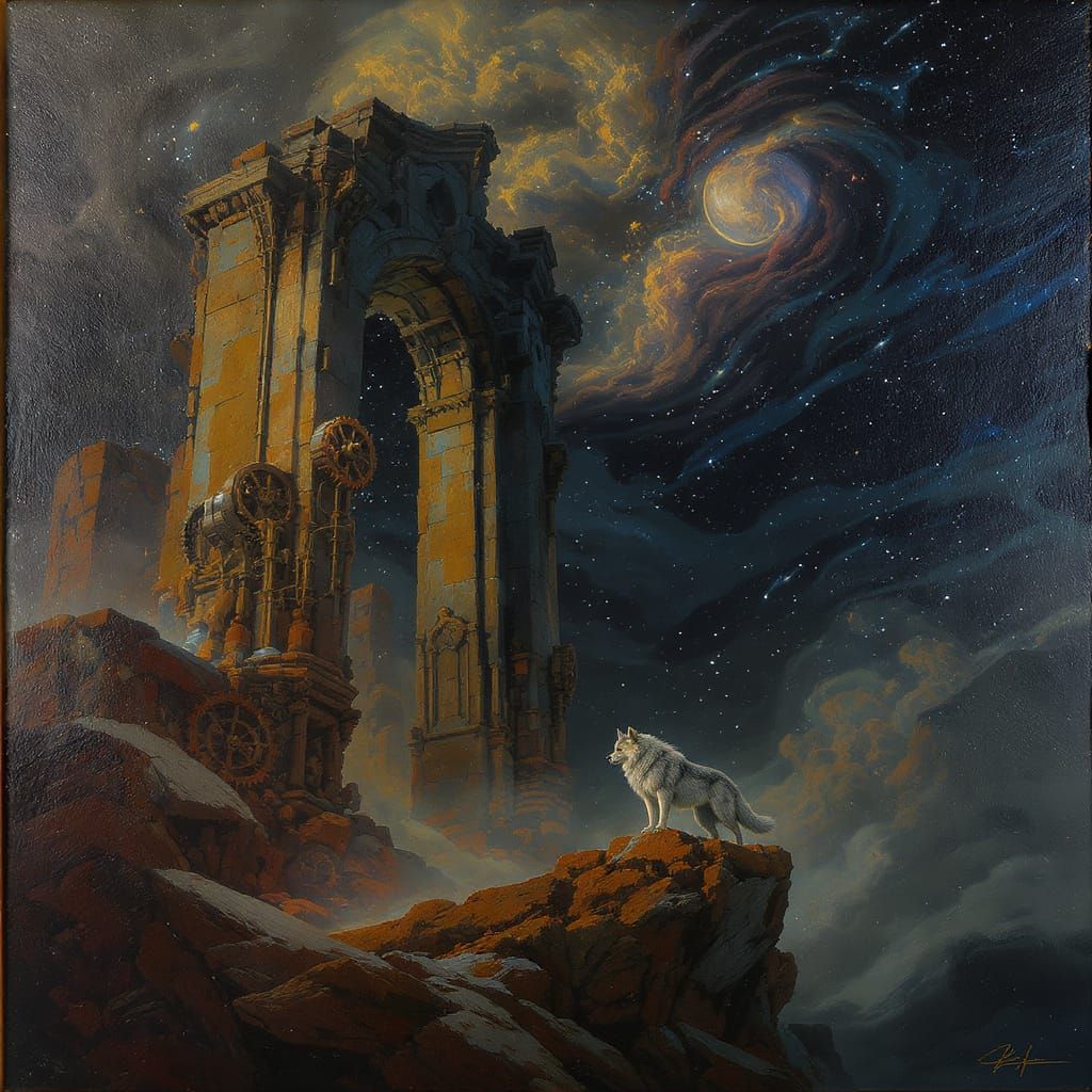 Lone Wolf at Ancient Ruins with Clockwork, Oil Painting Styl...