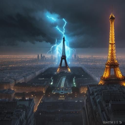 Eiffel Tower in Stormy City, Fantasy Oil Painting