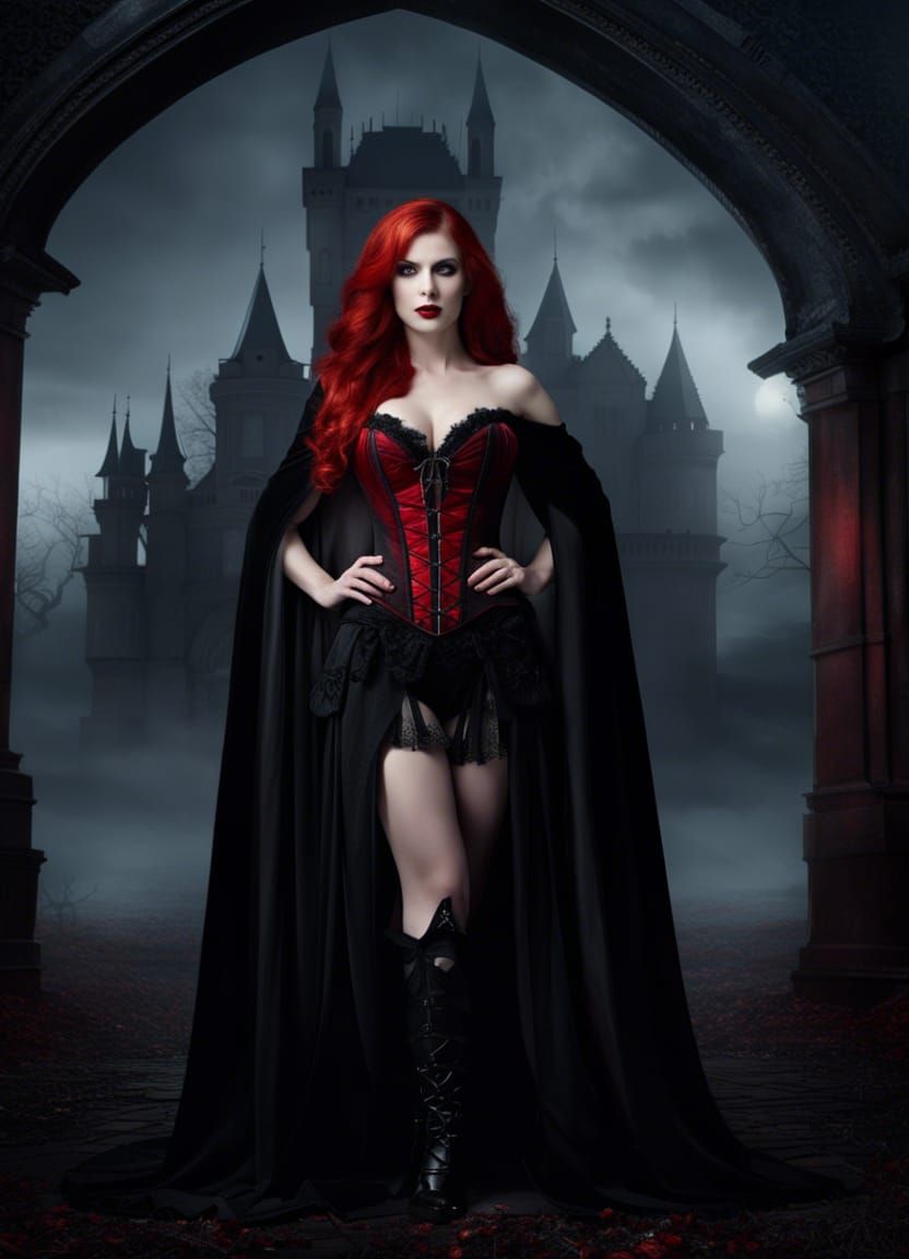 Hyperrealistic Redhead Vampire at Gothic Castle in Fog