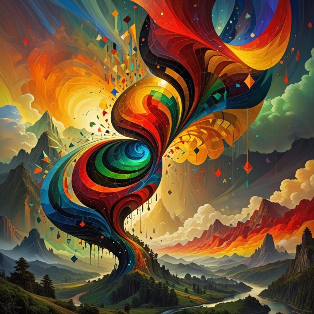 Surrealistic Geometric Dreamscapes in Prismatic Spectrum Col...