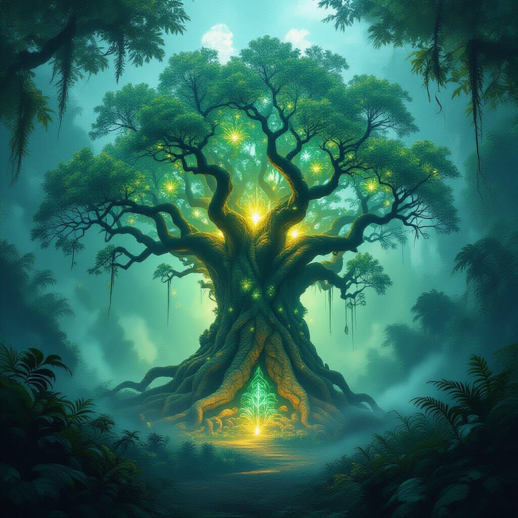 Ancient Bioluminescent Tree in Enchanted Jungle Clearing