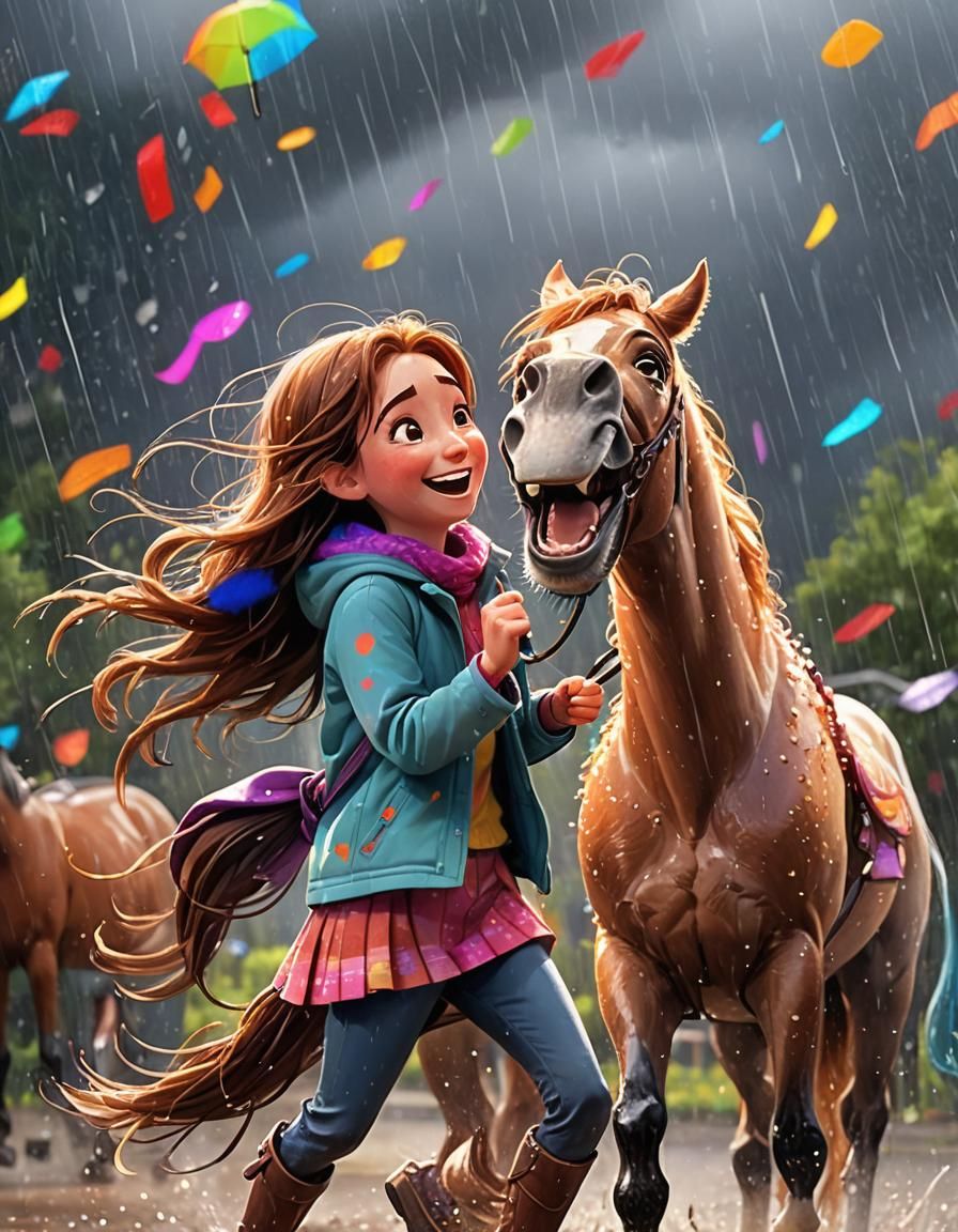 Girl and Laughing Horse in Rainy Sunlight, Pixar Style