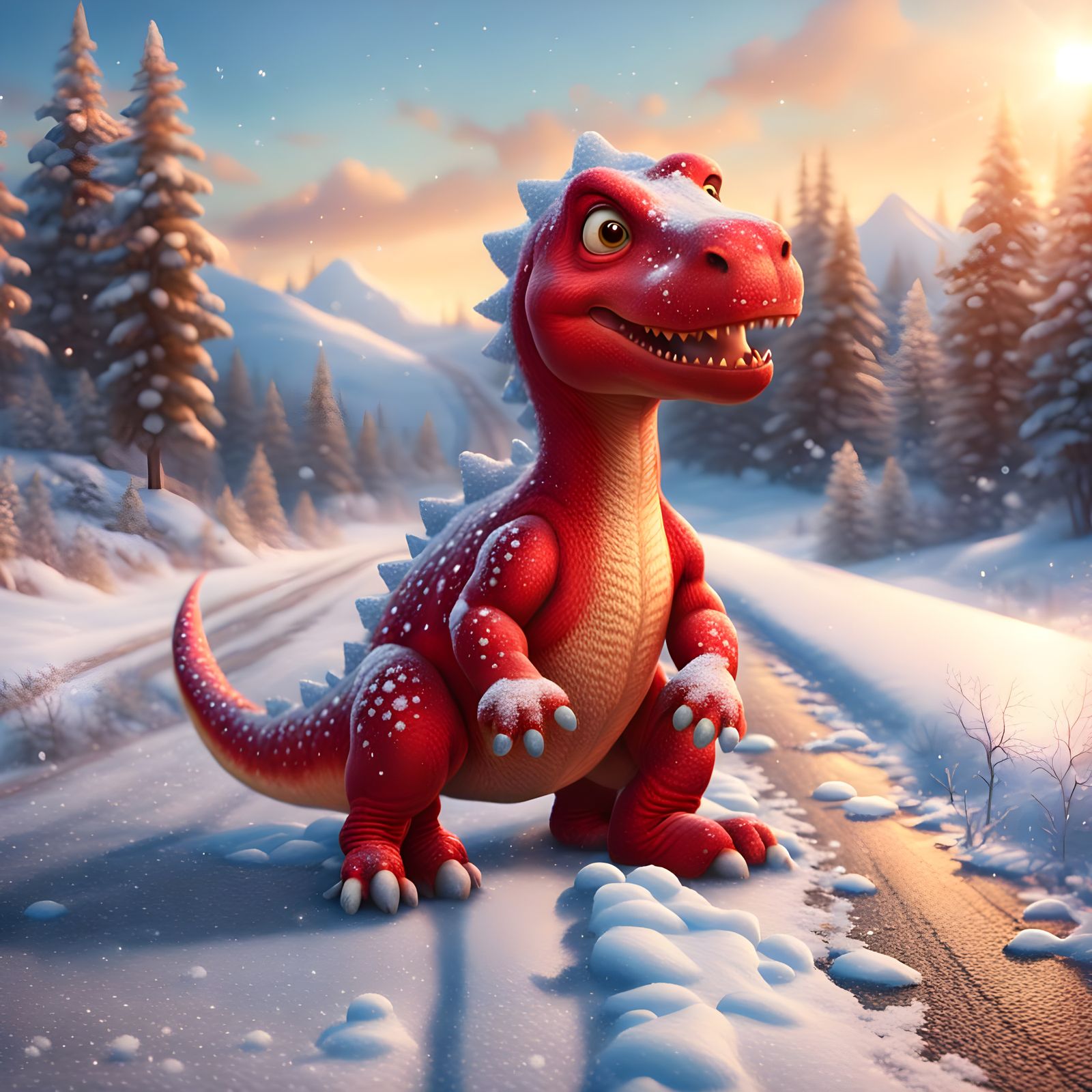 Hyperrealistic Digital Art of Red Dinosaur in Winter Landsca...