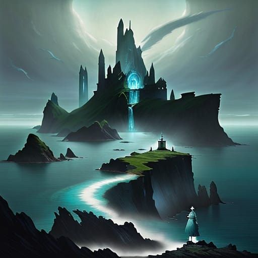 Ethereal Wizard Gazing Out at Mystical Earthsea Archipelago