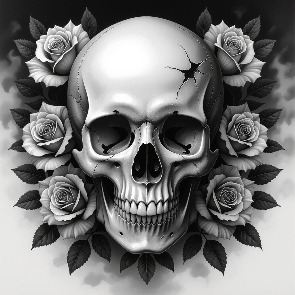 Skull and Roses Tattoo in Black and White