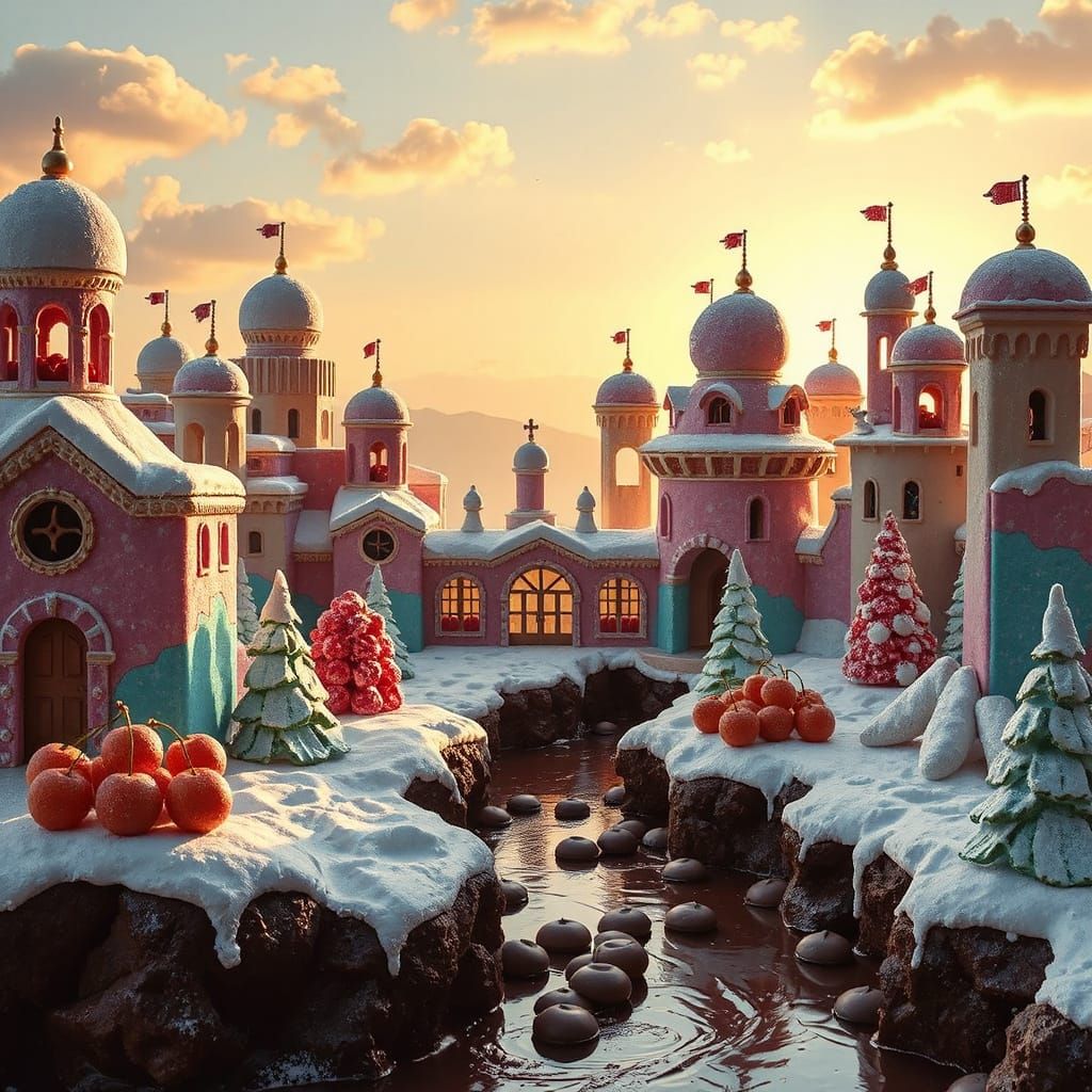 Fantastical Ice Cream City with Chocolate River in Klimt Sty...