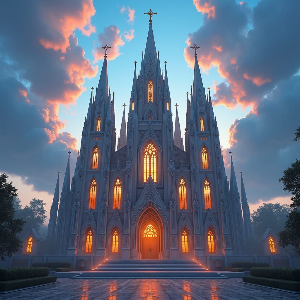 Ornate Church with Soaring Spires in Dreamlike Sky