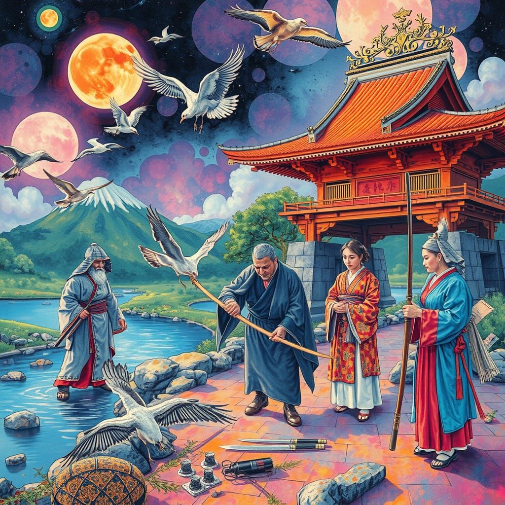 Kaleidoscopic Neon Art of Medieval Japanese Scene