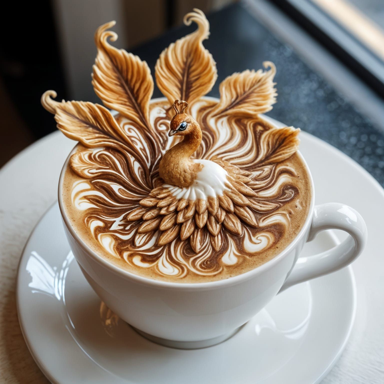 Elegant coffe foam peacock