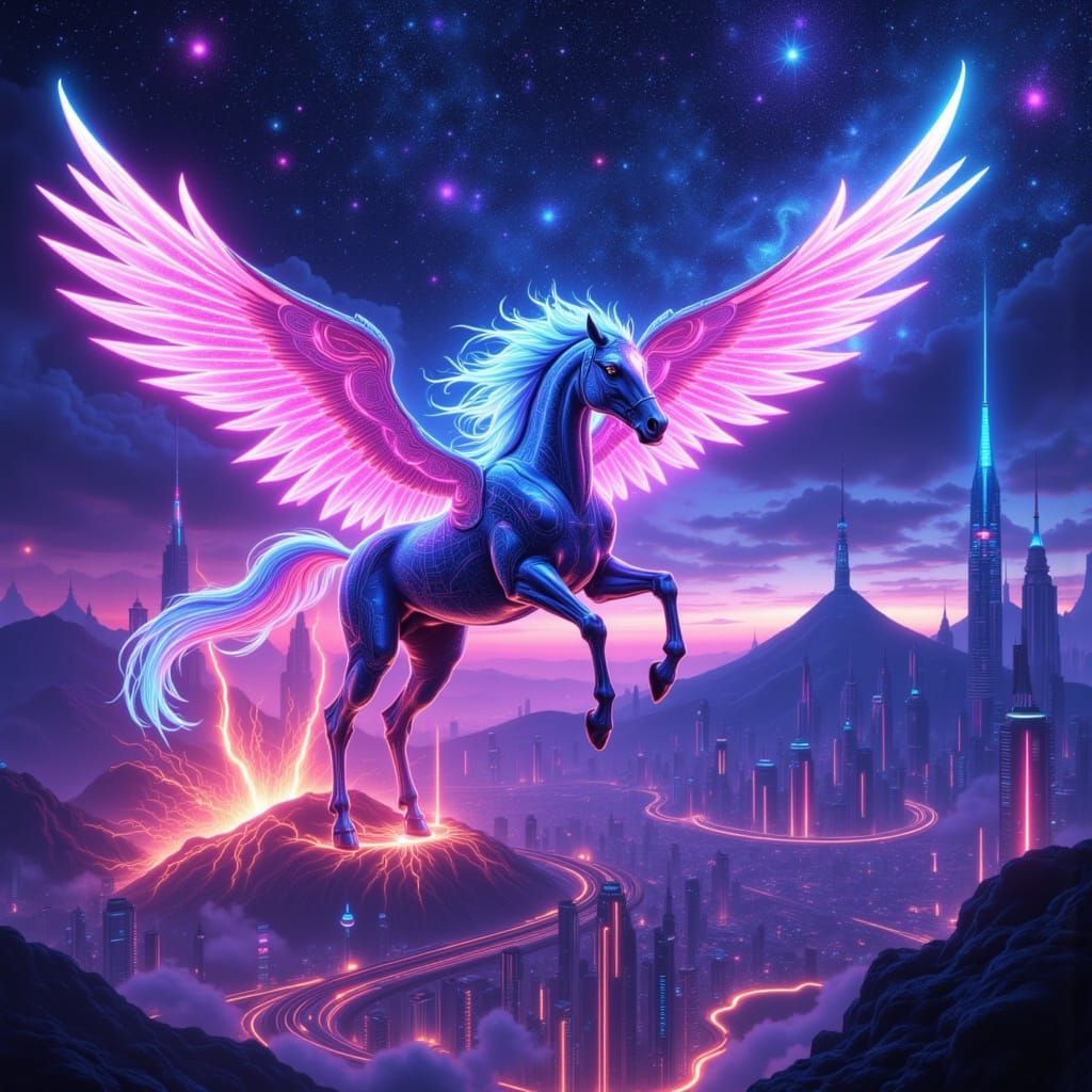 Pegasus Soaring Above Future City in Digital Art