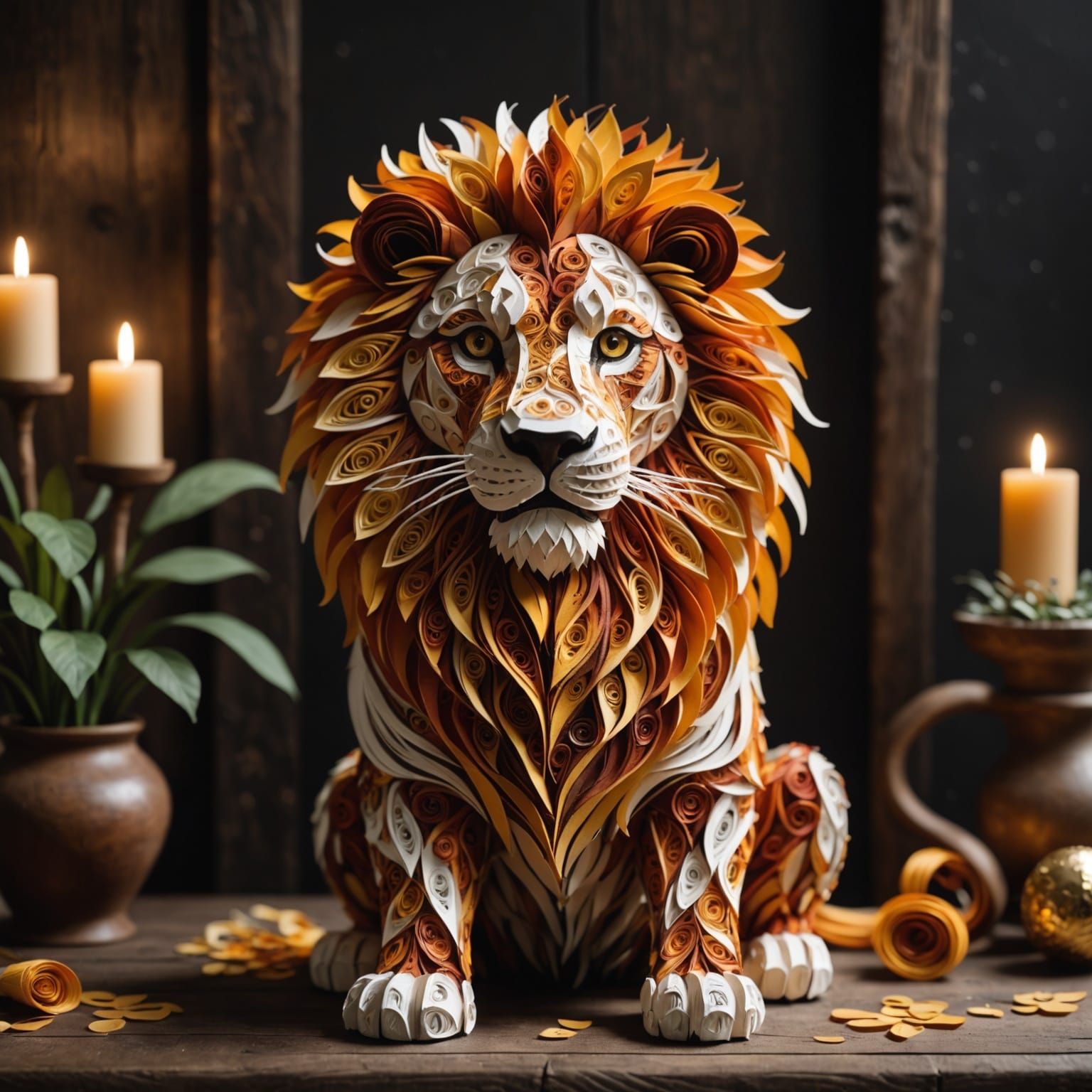 Paper Quilled Lion in Cinematic Lighting