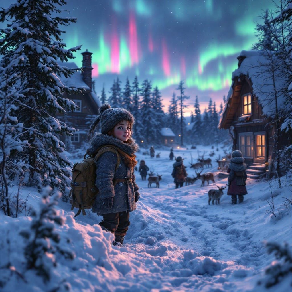 Lapland Children Playing in the 1700s, Detailed Art