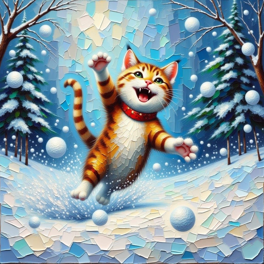 Vibrant Snowy Tabby Cat Leaping with Joy