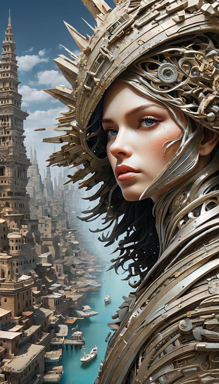 Cyberpunk God Emerging from City Ruins