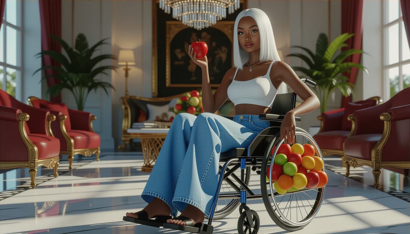 African Woman in Wheelchair Eating Apple in Opulent Parlour