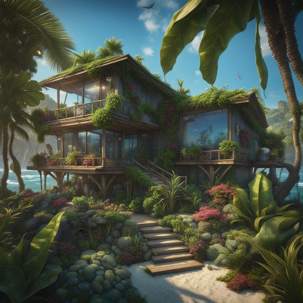 Exotic Beach House on Blue Ocean, Detailed Matte Painting
