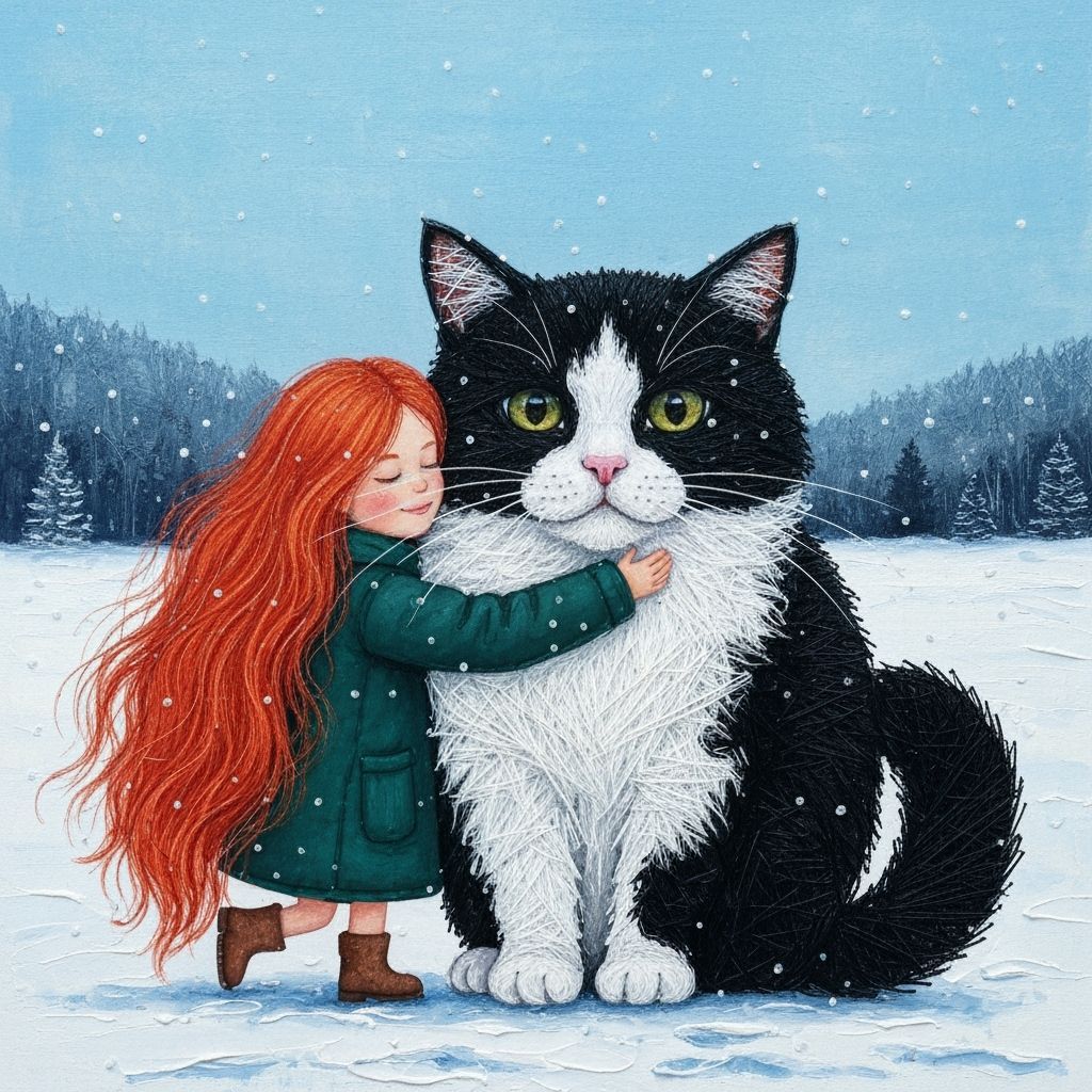 Girl Hugging Fluffy Cat in Winter Landscape String Art