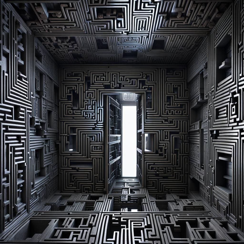 Surreal Sci-Fi Maze Cube in Cel-Shaded Style
