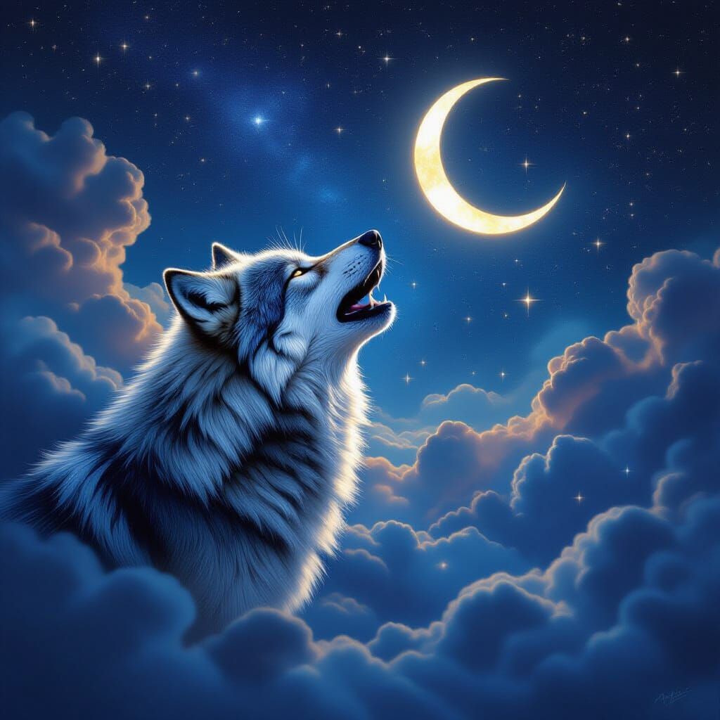 Cosmic Wolf Howling at Crescent Moon in Surreal Style