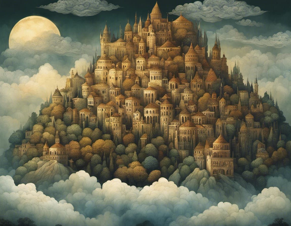 Ethereal Ancient City in Clouds at Golden Hour