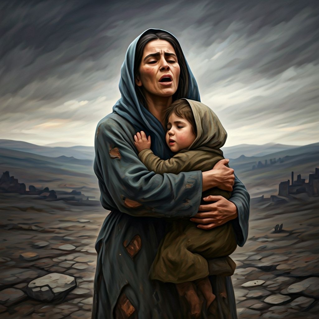 War-Torn Mother and Children: Expressionist Art