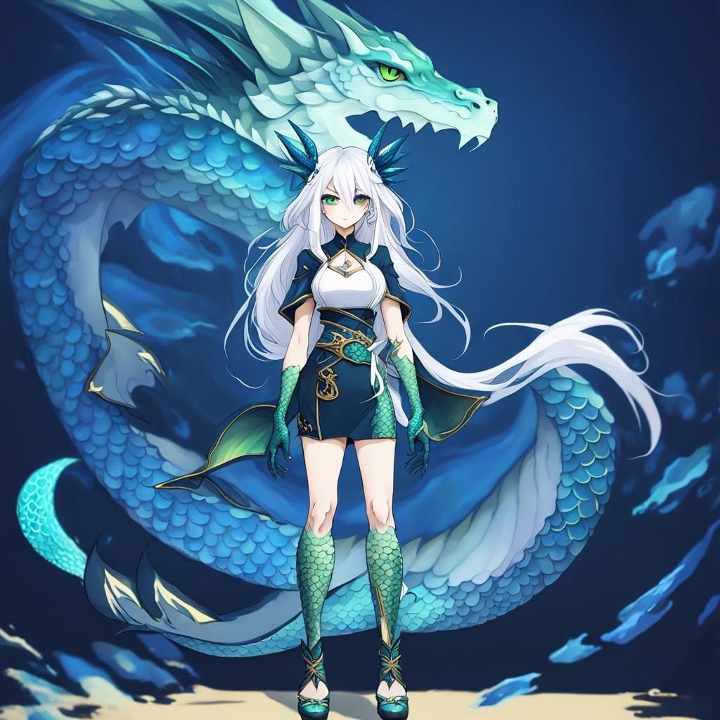 Dragon Girl with Blue Scales and Green Eyes