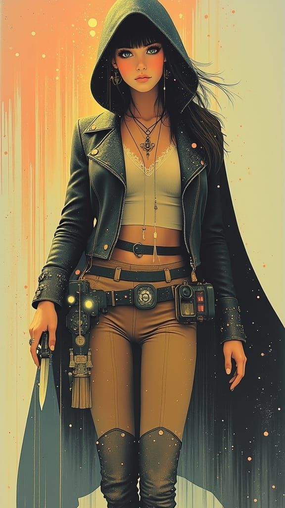 Time-Traveling Sorceress in Cyberpunk-Fantasy Attire