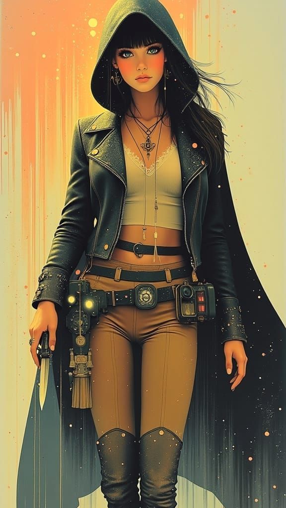 Time-Traveling Sorceress in Cyberpunk Steampunk Style