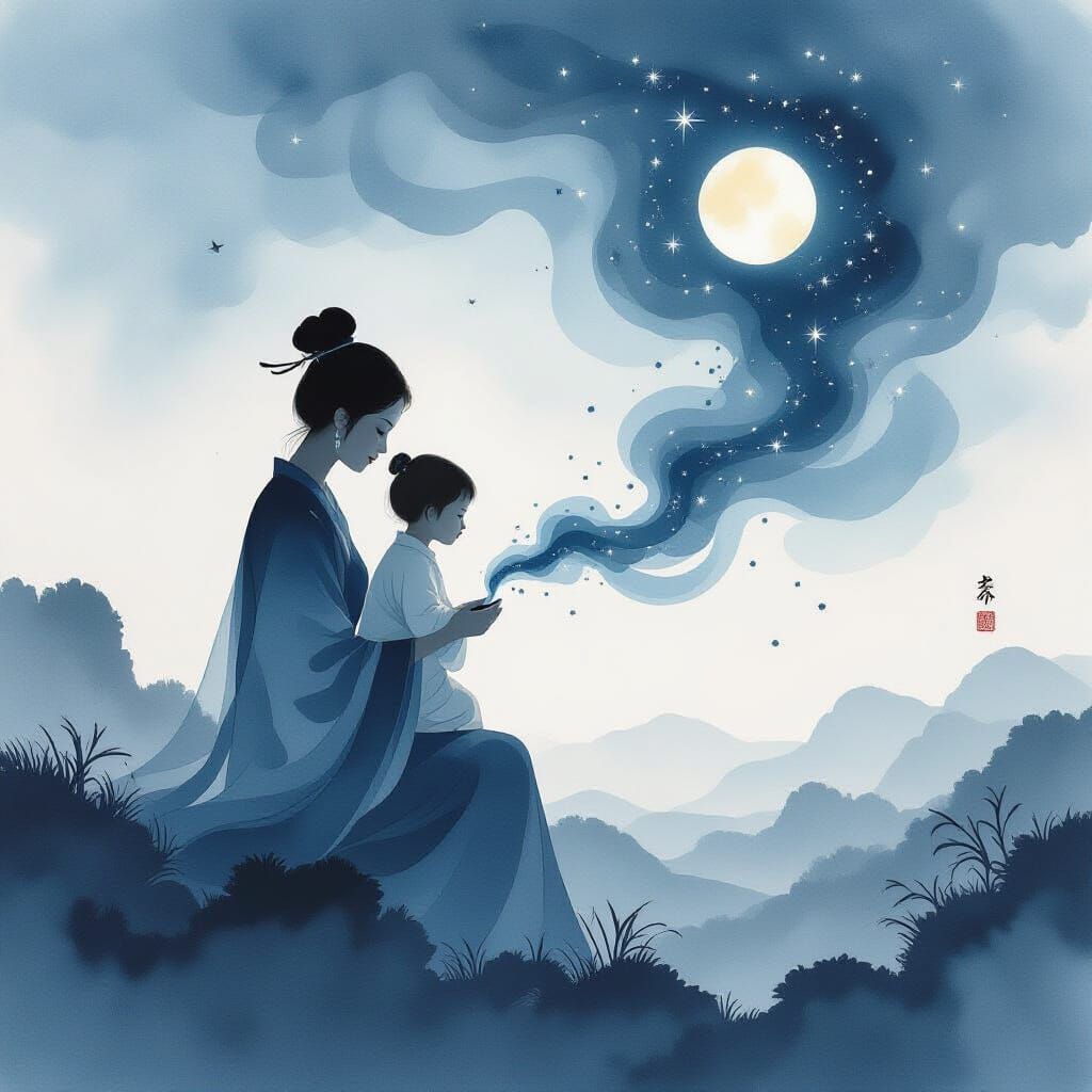 Mother and Child Silhouette in Celestial Ink Style