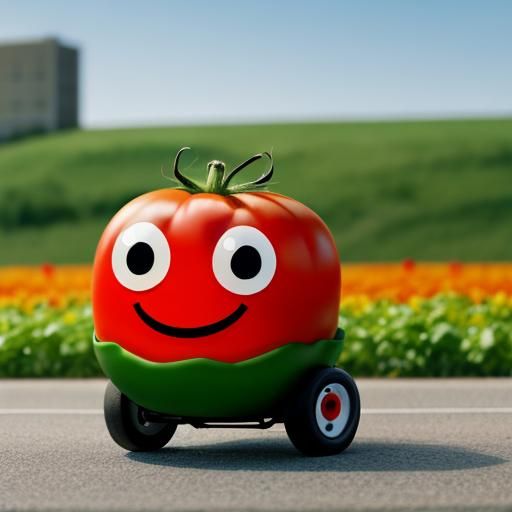 Smiling Cartoon Tomato on Wheels