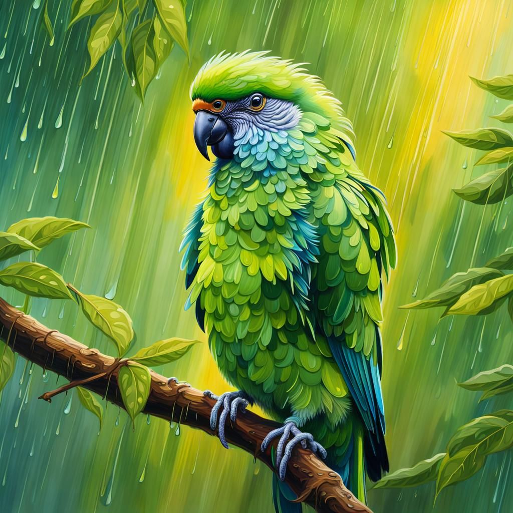 Parakeet in Rain: Mystical Oil Painting in 8k