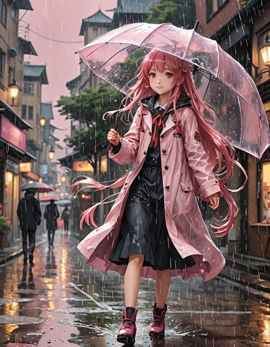 Anime Girl with Pink Hair Dancing in Rain