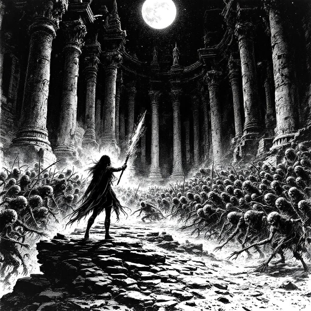 Dark Fantasy Priestess Battles Undead in Ancient Temple Ruin...