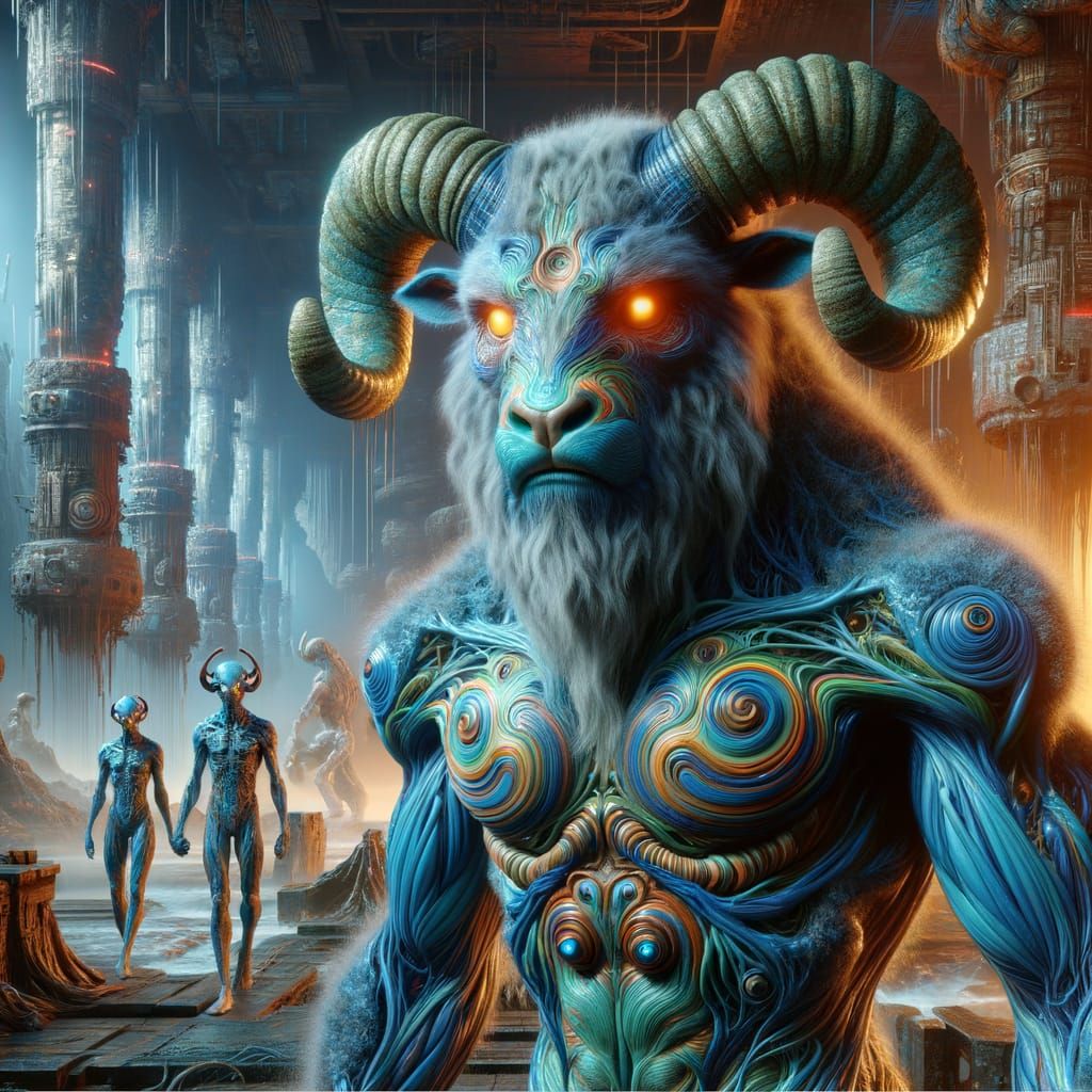 Futuristic Sci-Fi Scene with Bison, Aliens and Ram