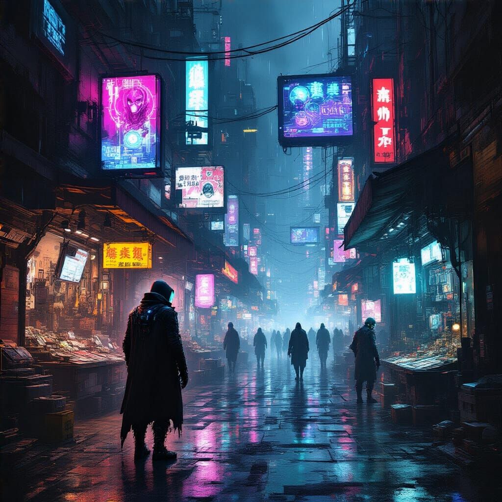 Neon Cyberpunk Street Market at Night