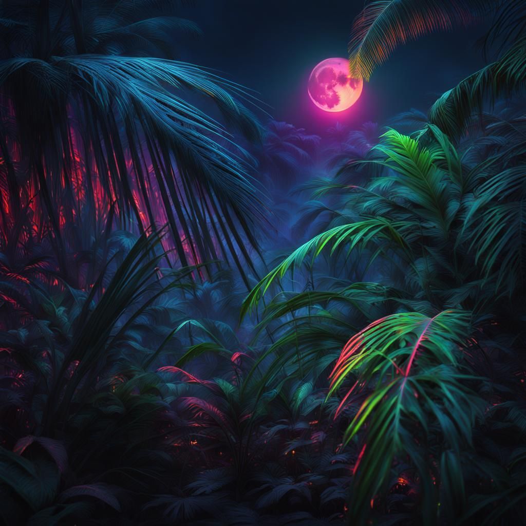 Neon Jungle: Palm Leaves Under a Glowing Moon
