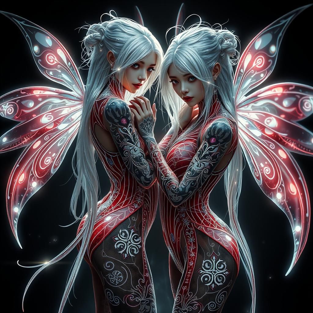 Ethereal White-Haired Fairies with Bioluminescent Tattoos