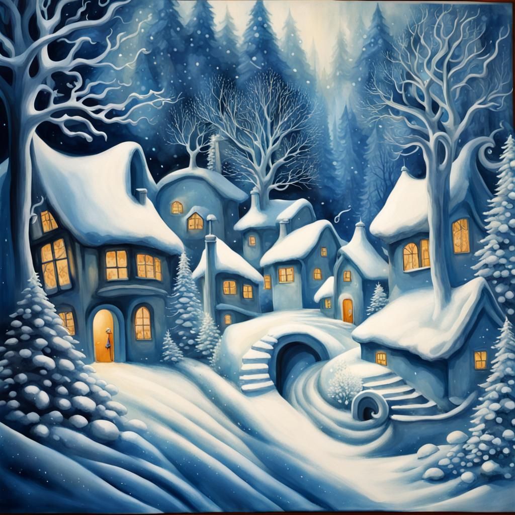 Psychedelic Art Deco Fairy Village Yule Scene