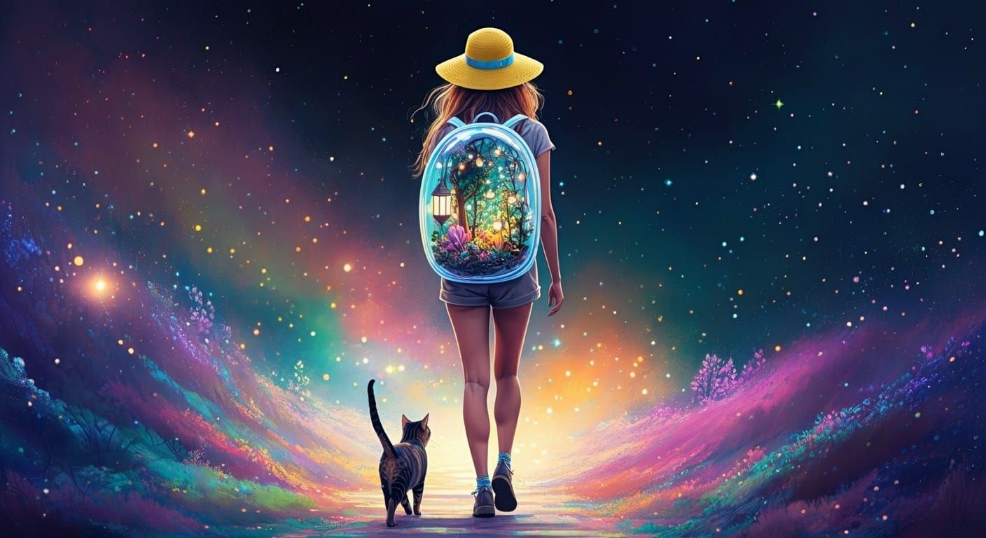 Woman and Cat Journey Through Space