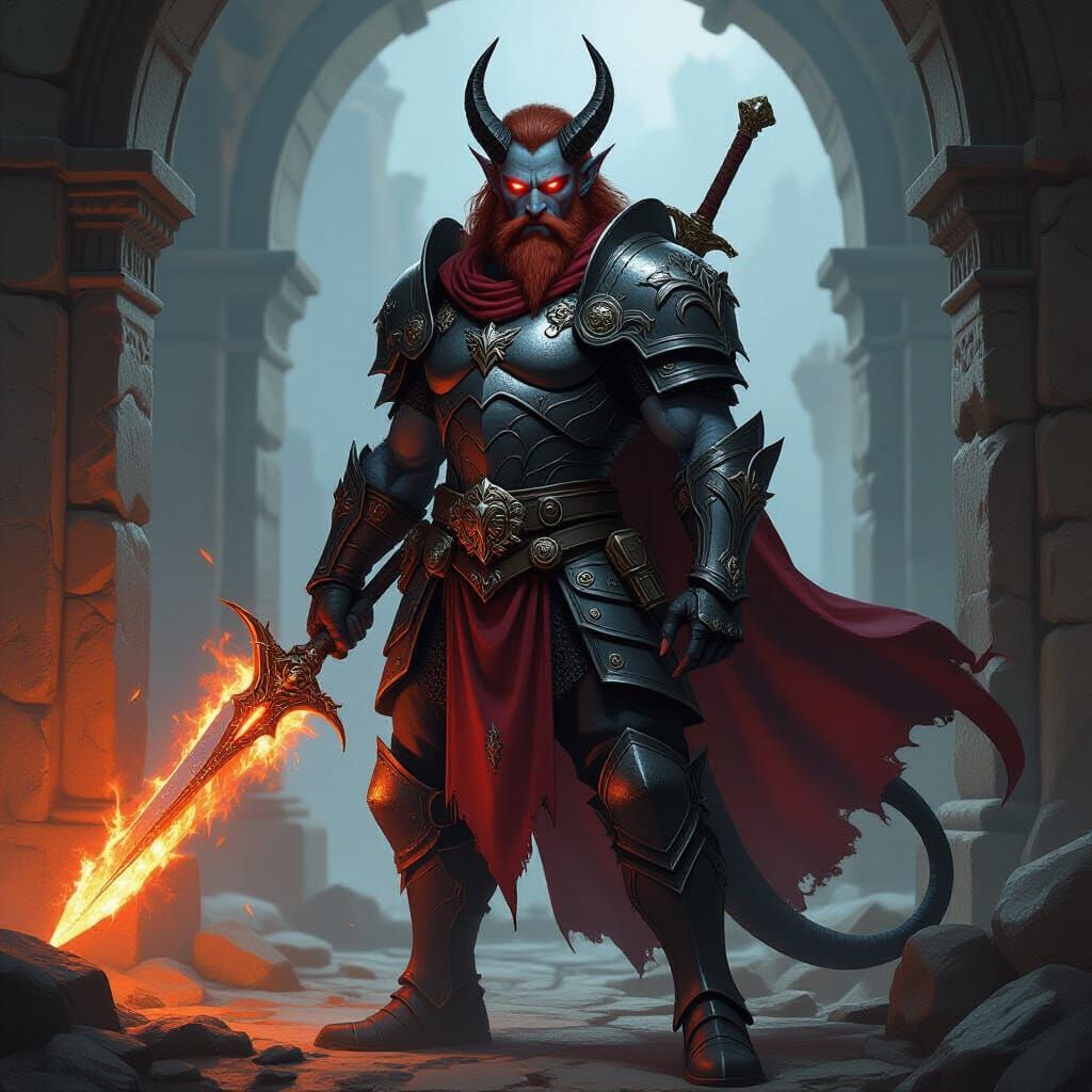 Dark Elf Half-Devil Paladin Explores Ancient Ruins