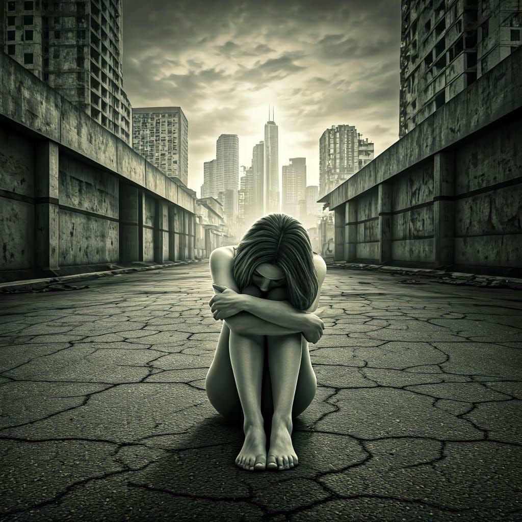 Distressed Woman in Urban Landscape Pencil Drawing