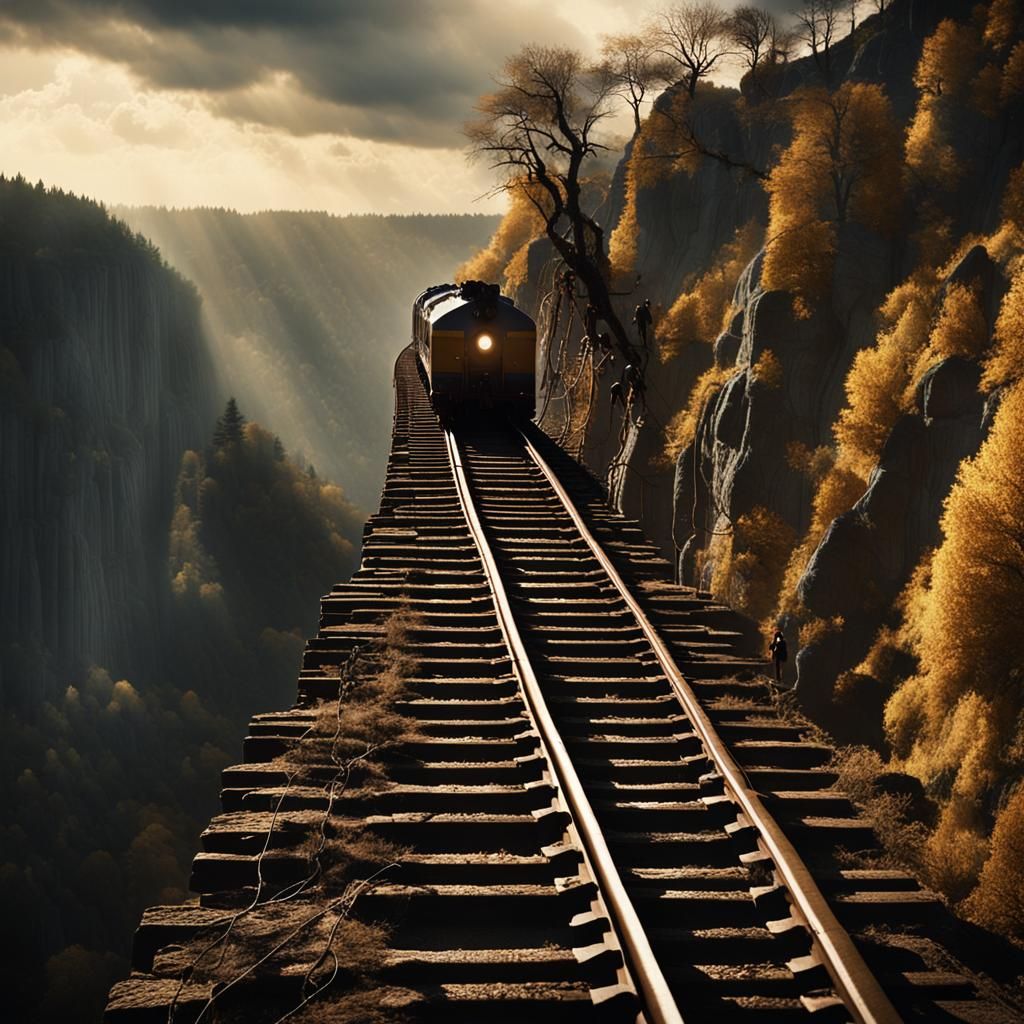 Dramatic Cliffside Train Rescue: Cinematic Film Still