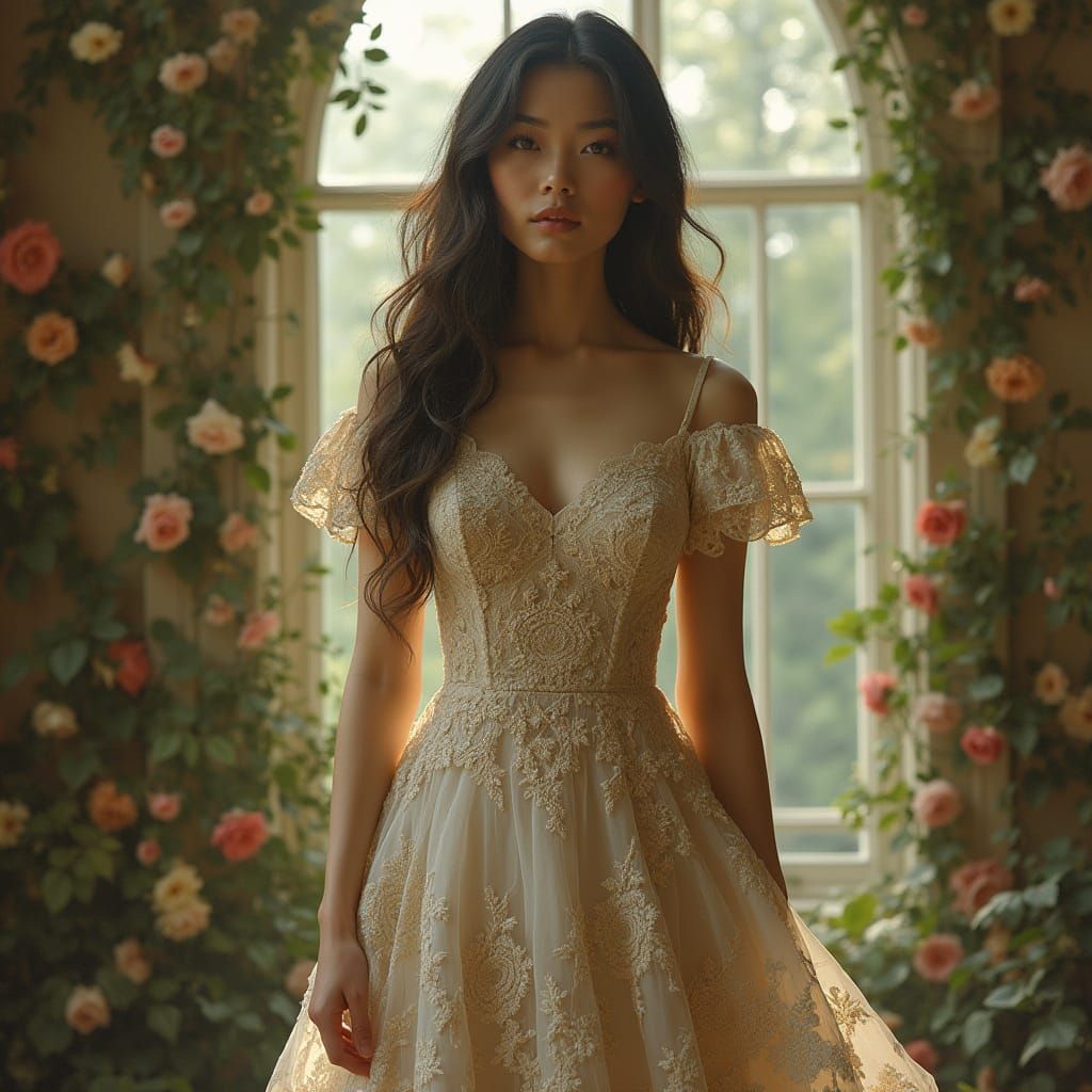 Elegant Woman in Floral Lace Gown