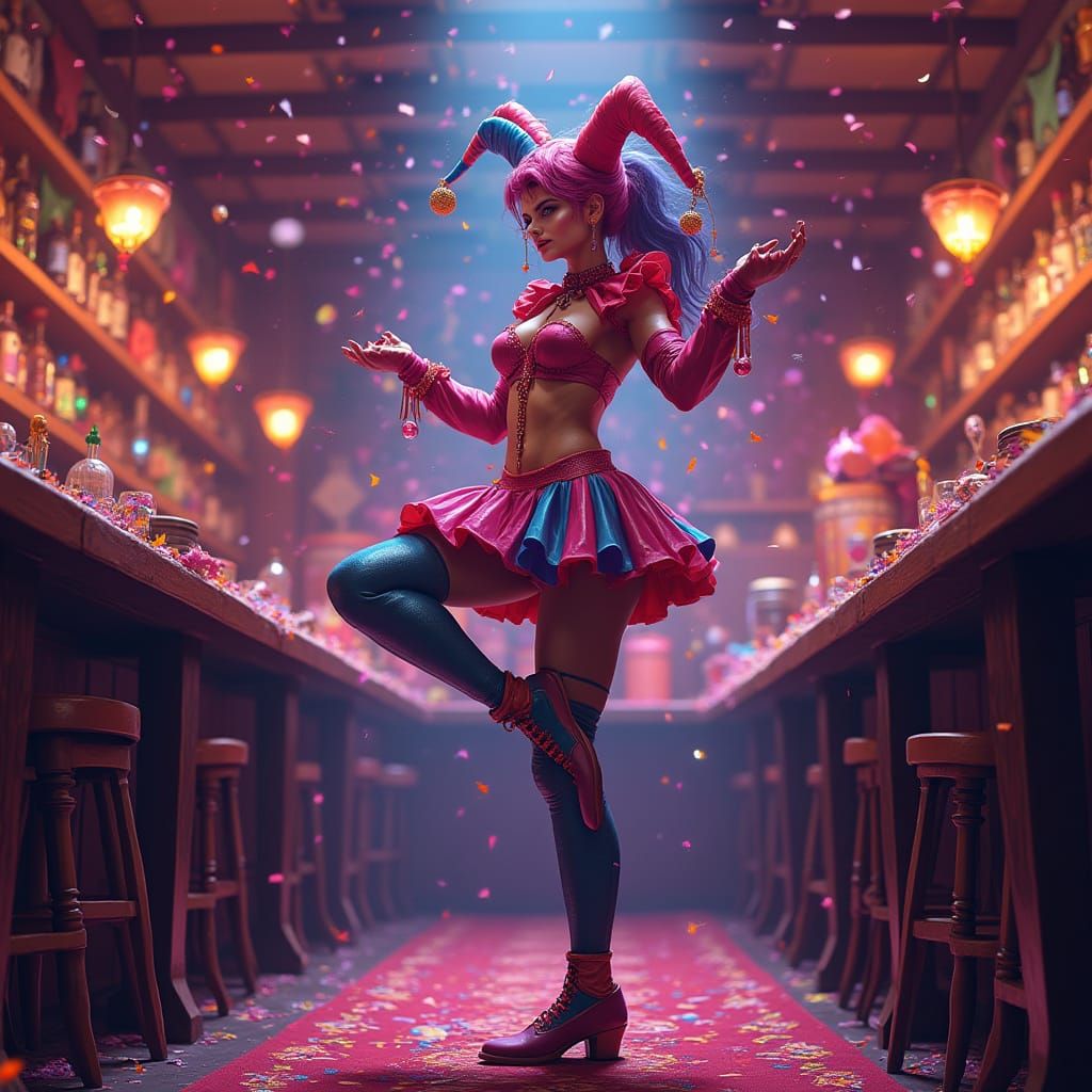 Whimsical Jester in a Neon Synthwave Tavern